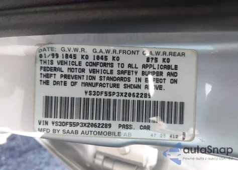 1999 Saab 9-3 Se z USA, uszkodzony, nr VIN YS3DF55P3X2062289